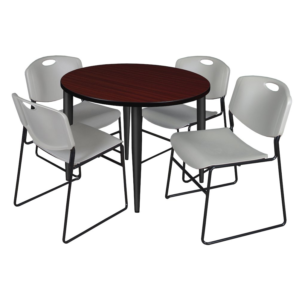 36 Round Breakroom Table- Mahogany Top, Black Base & 4 Zeng Stack Chairs- Grey. Picture 1