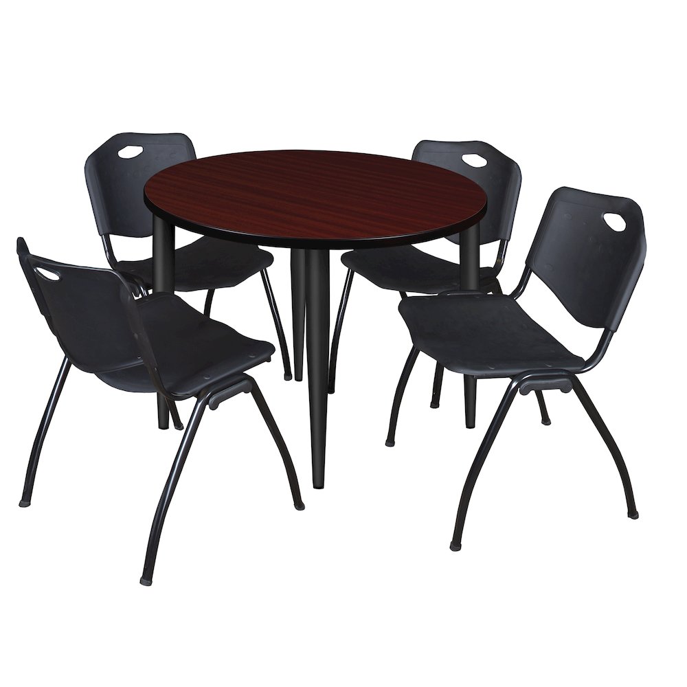 36 in. Round Breakroom Table- Mahogany Top, Black Base & 4 M Stack Chairs- Black. Picture 1