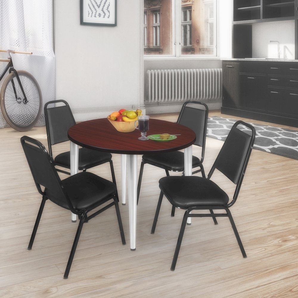 36 Round Breakroom Table- Mahogany Top, Chrome Base & 4 Stack Chairs- Black. Picture 8