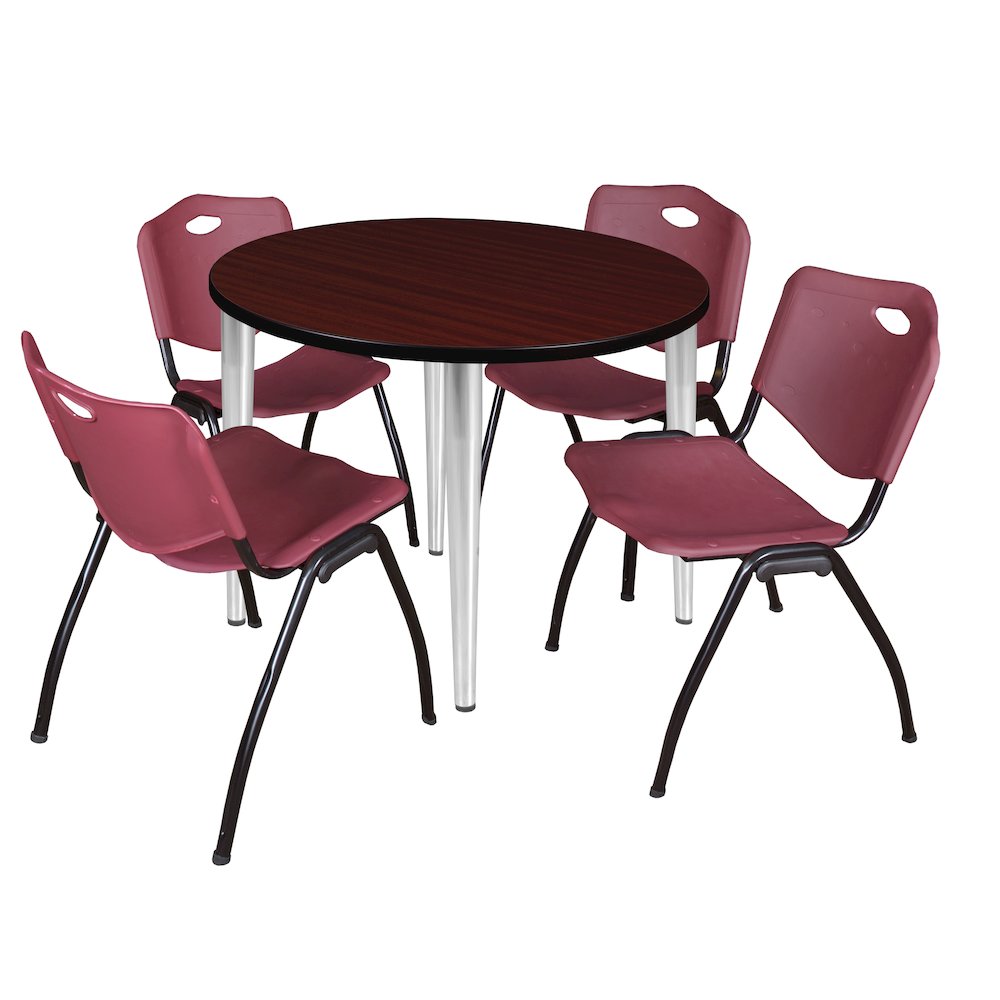 36 Round Breakroom Table- Mahogany Top, Chrome Base & 4 M Stack Chairs- Burgundy. Picture 1