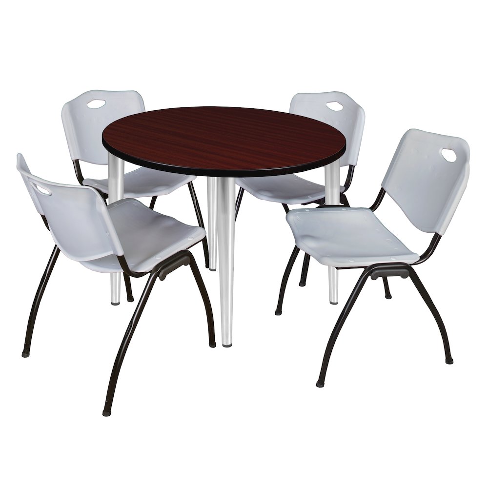 36 in. Round Breakroom Table- Mahogany Top, Chrome Base & 4 M Stack Chairs- Grey. Picture 1