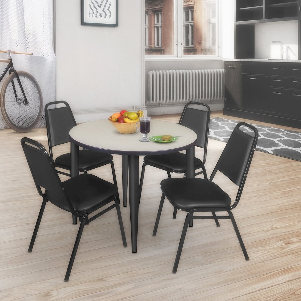 36 Round Breakroom Table- Maple Top, Black Base & 4 Stack Chairs- Black. Picture 8