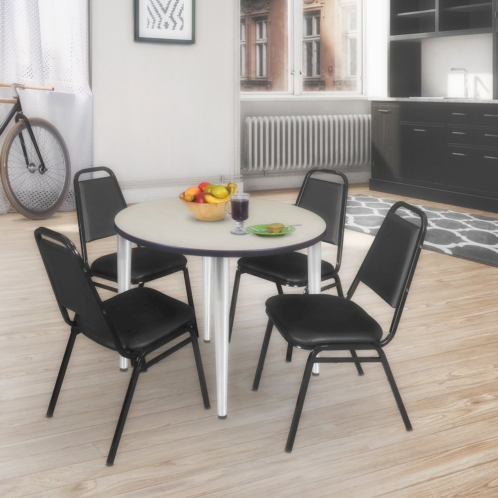 36 Round Breakroom Table- Maple Top, Chrome Base & 4 Stack Chairs- Black. Picture 8