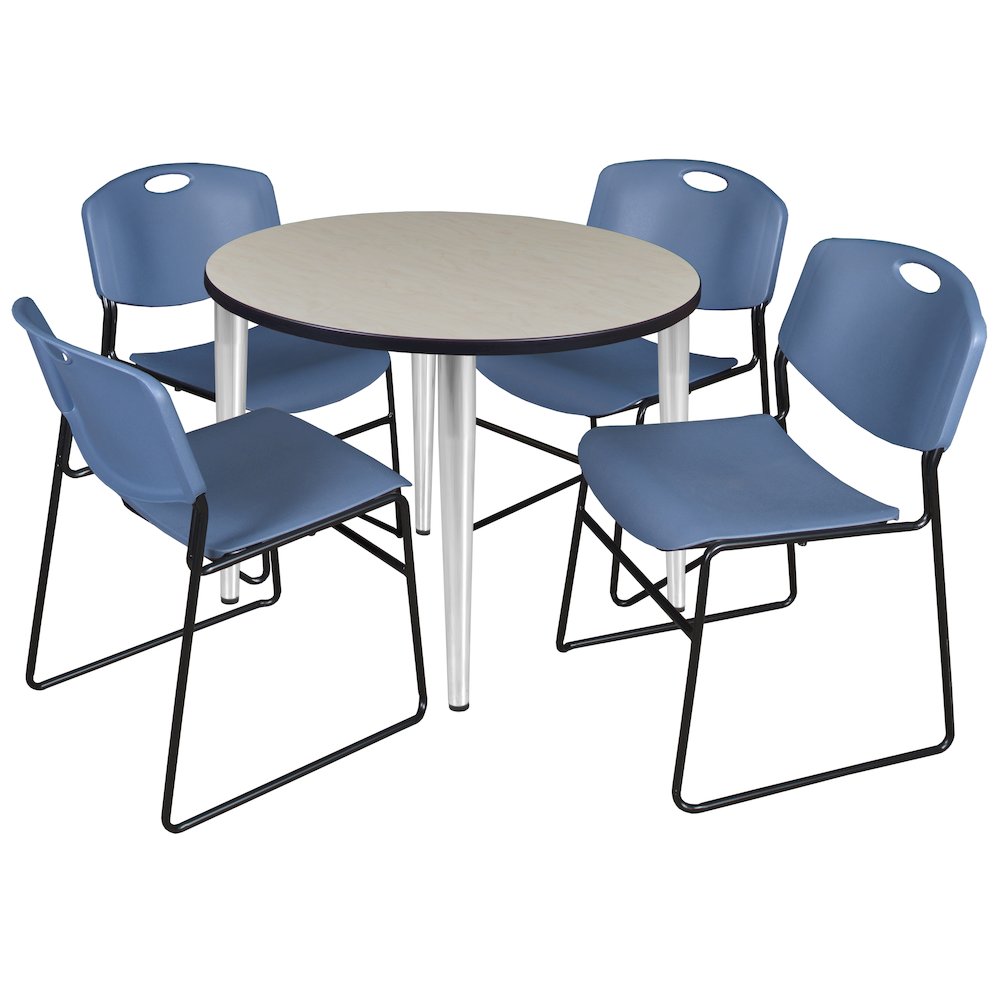 36 in. Round Breakroom Table- Maple Top, Chrome Base & 4 Zeng Stack Chairs- Blue. Picture 1