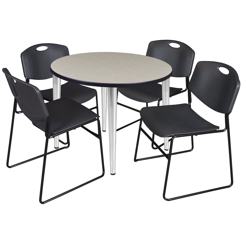 36 Round Breakroom Table- Maple Top, Chrome Base & 4 Zeng Stack Chairs- Black. Picture 1