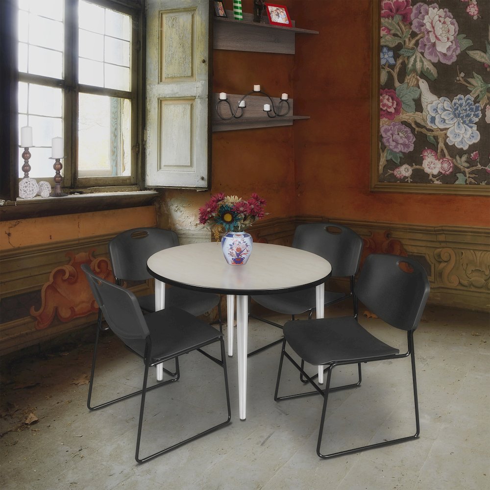 36 Round Breakroom Table- Maple Top, Chrome Base & 4 Zeng Stack Chairs- Black. Picture 8