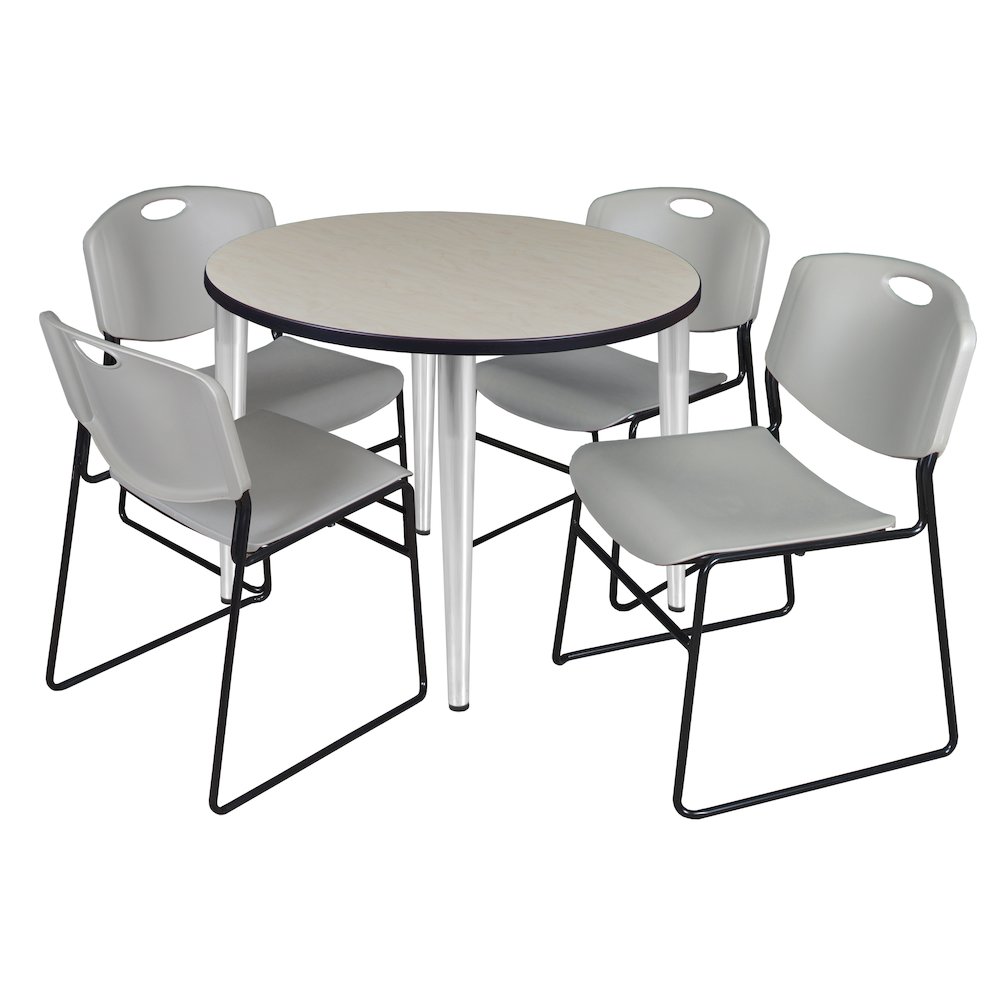 36 in. Round Breakroom Table- Maple Top, Chrome Base & 4 Zeng Stack Chairs- Grey. Picture 1