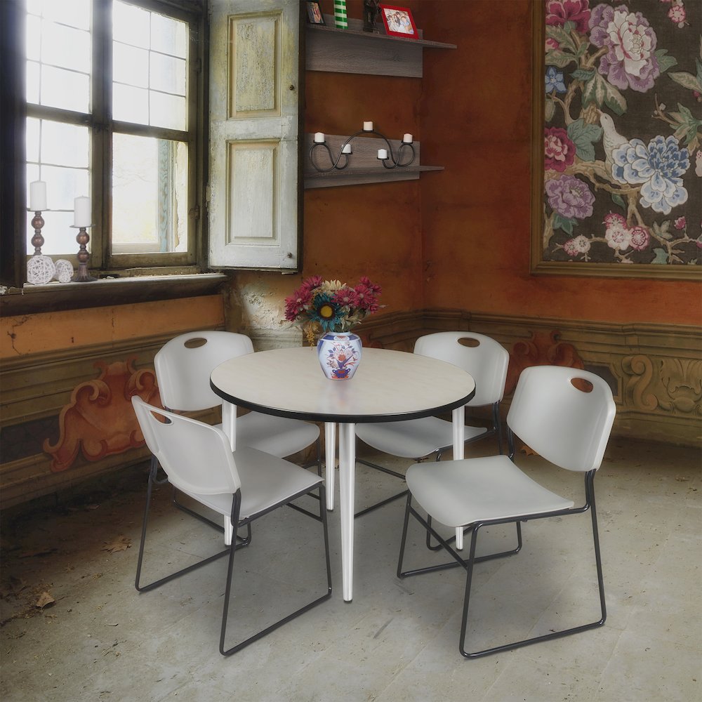 36 in. Round Breakroom Table- Maple Top, Chrome Base & 4 Zeng Stack Chairs- Grey. Picture 8