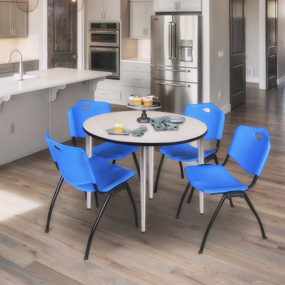 36 in. Round Breakroom Table- Maple Top, Chrome Base & 4 M Stack Chairs- Blue. Picture 8