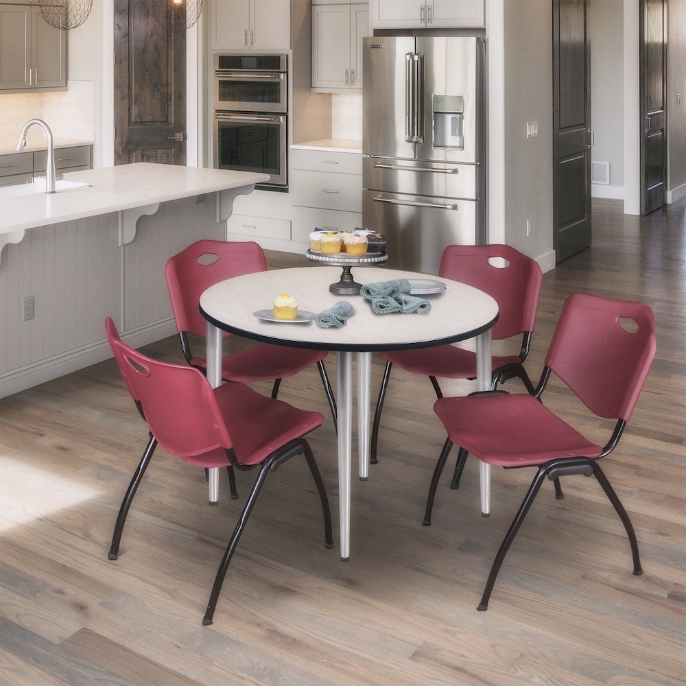 36 Round Breakroom Table- Maple Top, Chrome Base & 4 M Stack Chairs- Burgundy. Picture 8