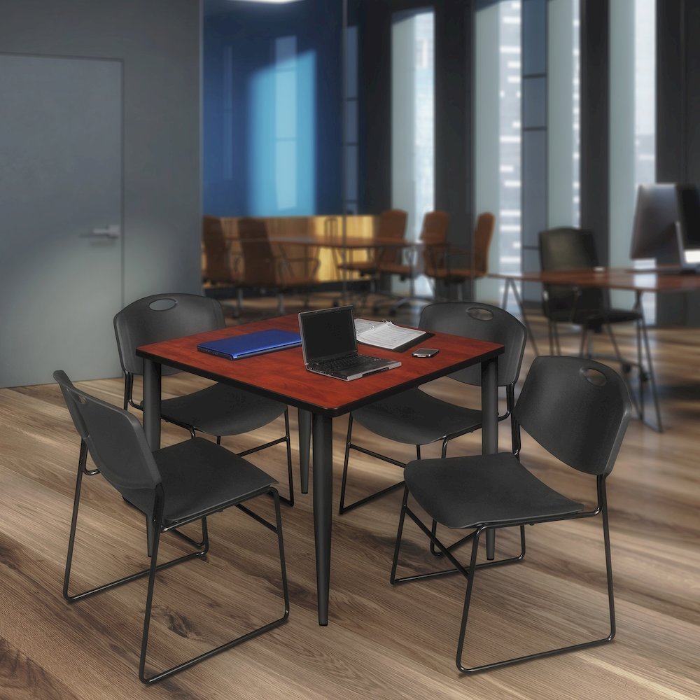 42 Square Breakroom Table- Cherry Top, Black Base & 4 Zeng Stack Chairs- Black. Picture 9