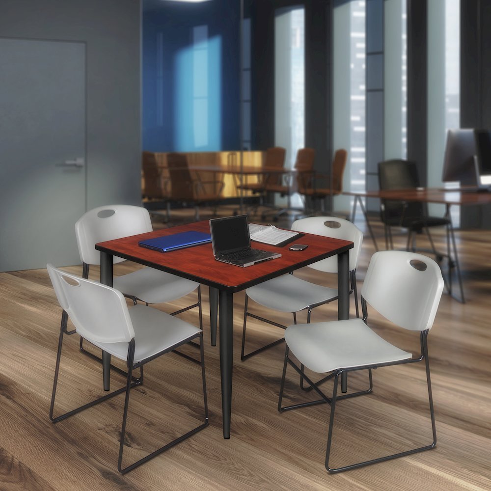 42 Square Breakroom Table- Cherry Top, Black Base & 4 Zeng Stack Chairs- Grey. Picture 9
