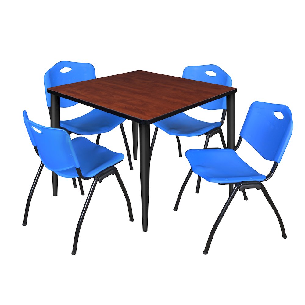 42 in. Square Breakroom Table- Cherry Top, Black Base & 4 M Stack Chairs- Blue. Picture 1