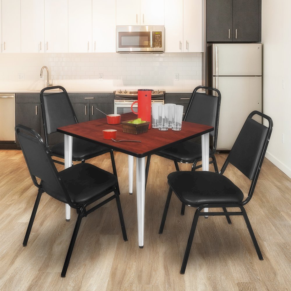 42 Square Breakroom Table- Cherry Top, Chrome Base & 4 Stack Chairs- Black. Picture 9