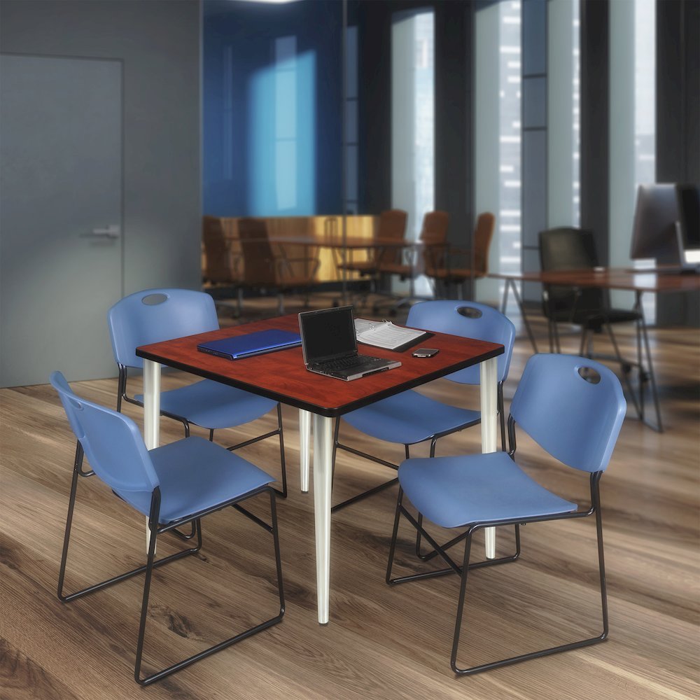 42 Square Breakroom Table- Cherry Top, Chrome Base & 4 Zeng Stack Chairs- Blue. Picture 9
