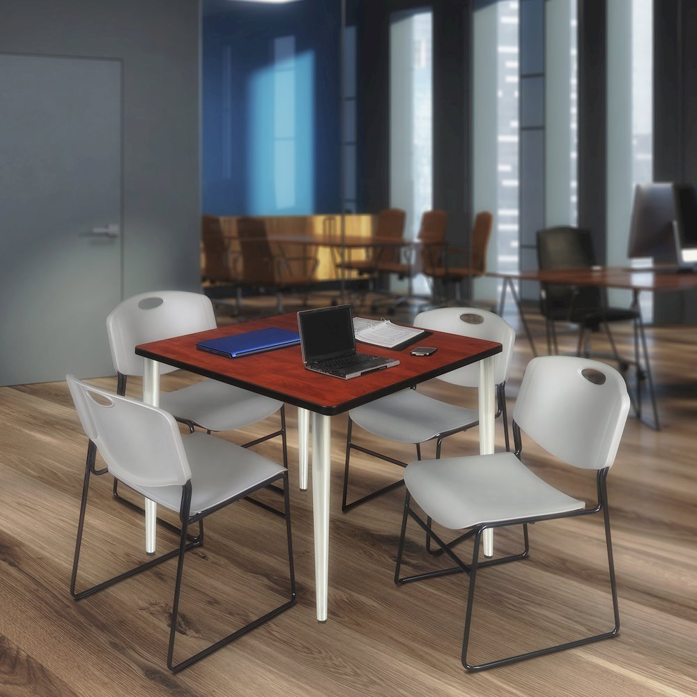 42 Square Breakroom Table- Cherry Top, Chrome Base & 4 Zeng Stack Chairs- Grey. Picture 9