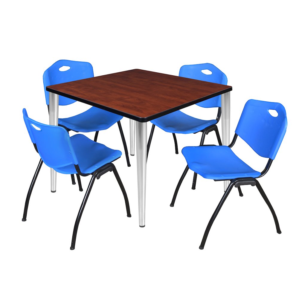 42 in. Square Breakroom Table- Cherry Top, Chrome Base & 4 M Stack Chairs- Blue. Picture 1