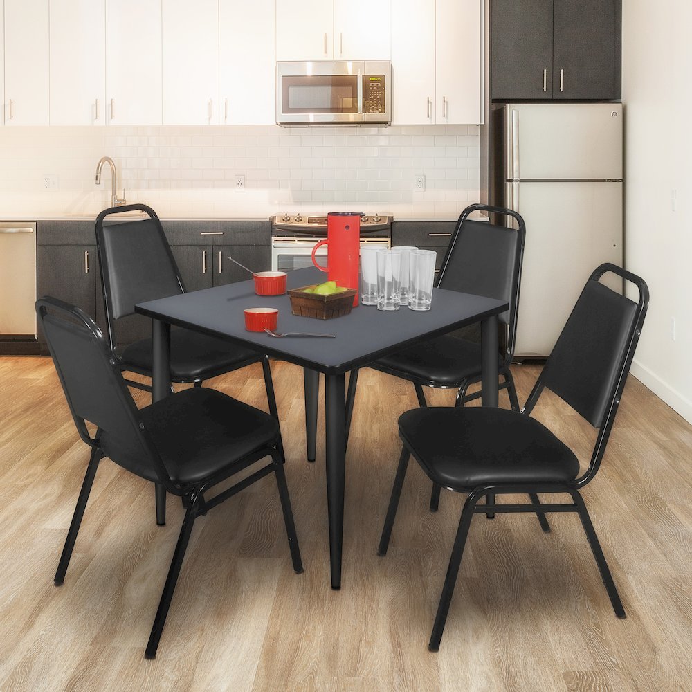 42 Square Breakroom Table- Grey Top, Black Base & 4 Stack Chairs- Black. Picture 9