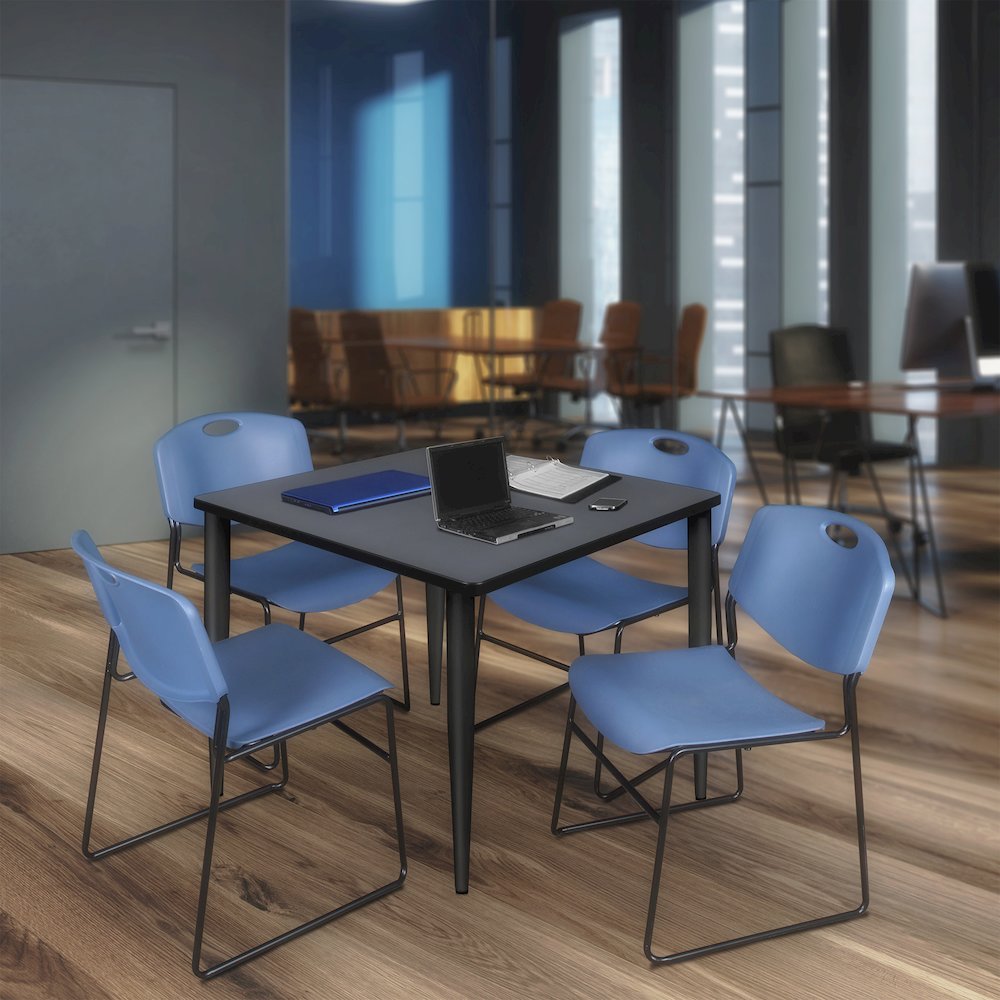 42 in. Square Breakroom Table- Grey Top, Black Base & 4 Zeng Stack Chairs- Blue. Picture 9