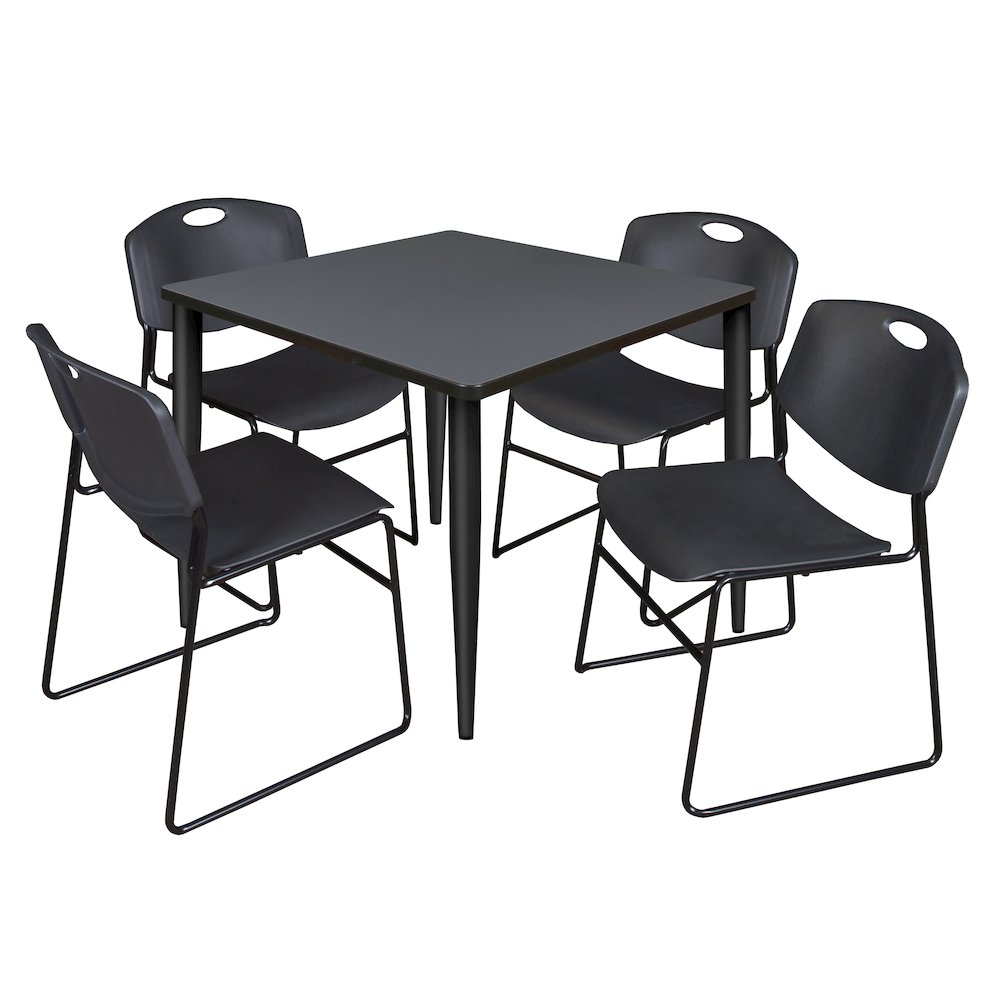 42 in. Square Breakroom Table- Grey Top, Black Base & 4 Zeng Stack Chairs- Black. Picture 1