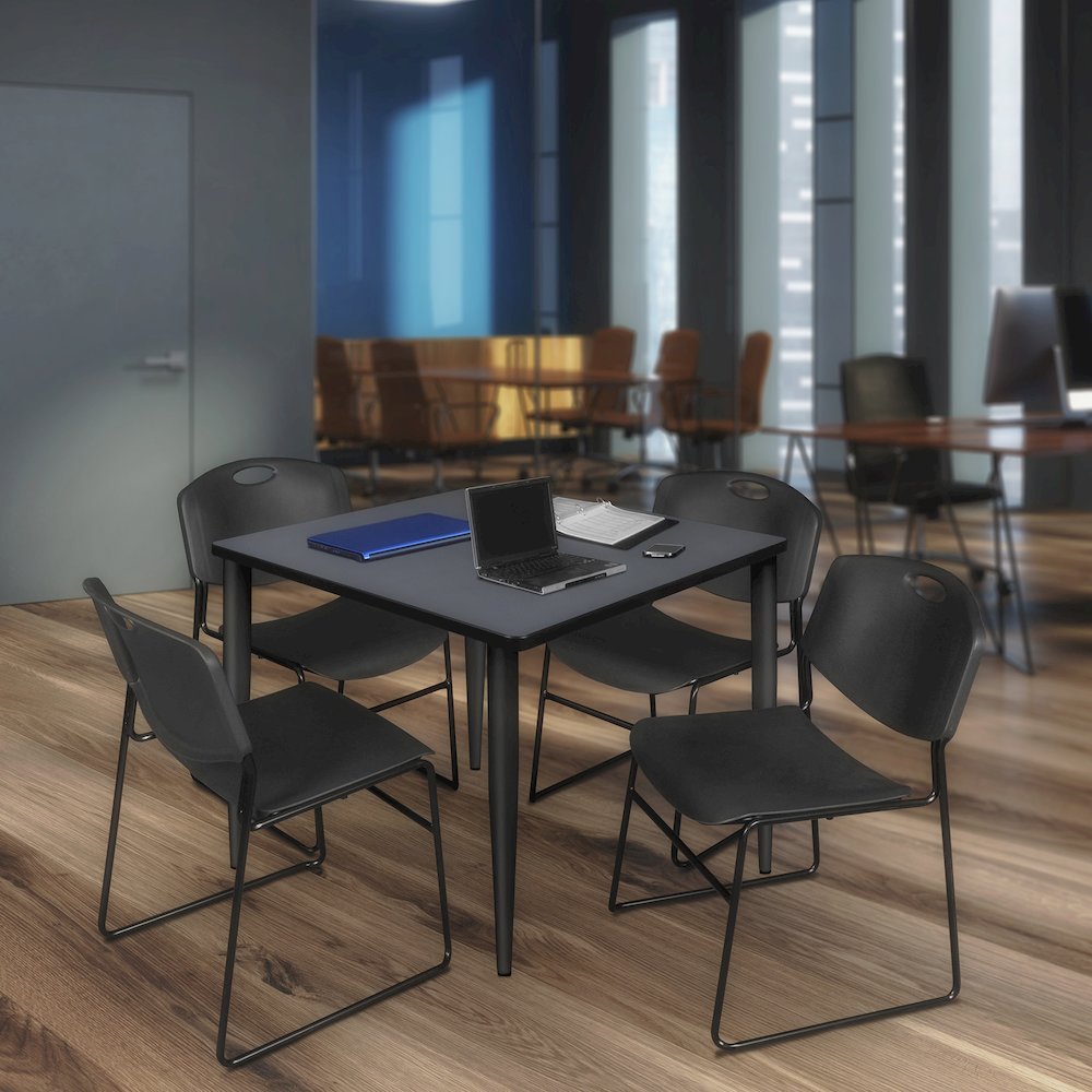 42 in. Square Breakroom Table- Grey Top, Black Base & 4 Zeng Stack Chairs- Black. Picture 9
