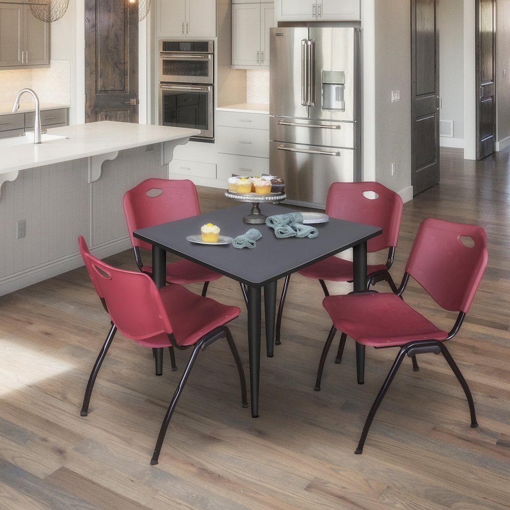 42 in. Square Breakroom Table- Grey Top, Black Base & 4 M Stack Chairs- Burgundy. Picture 9