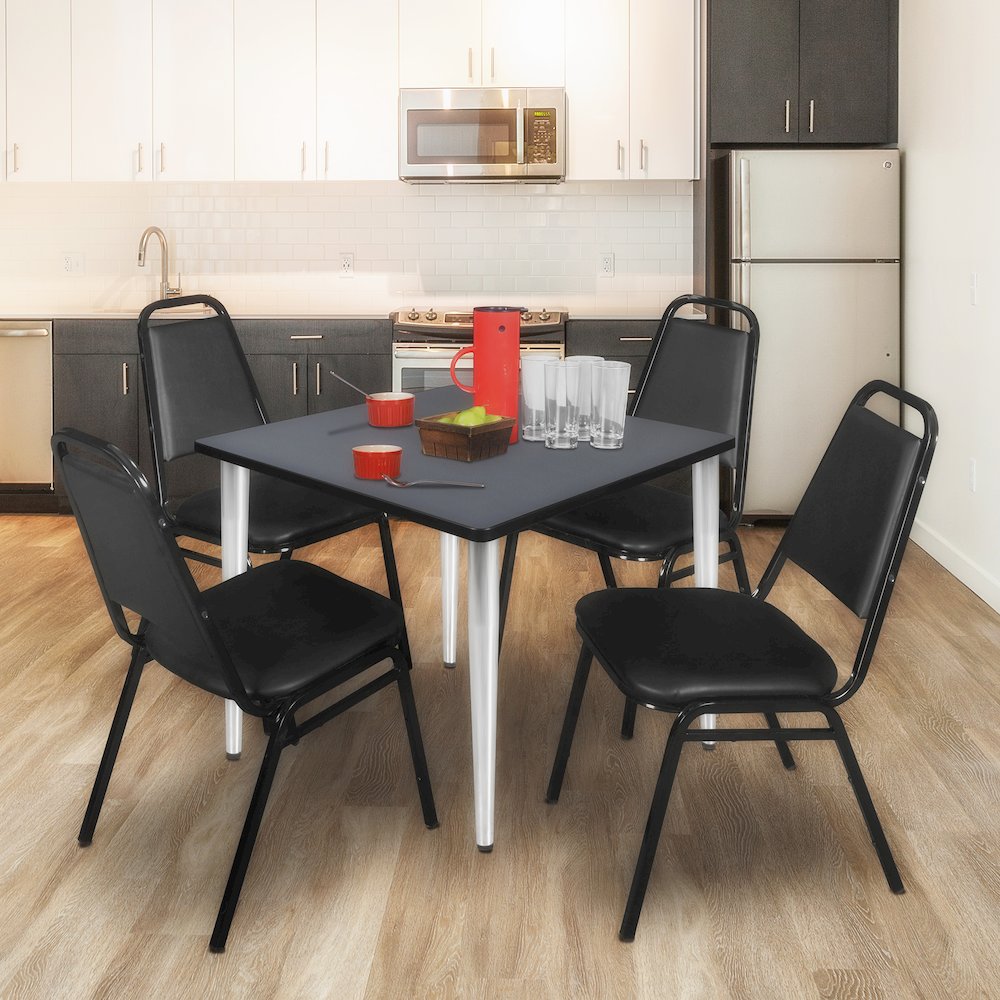 42 Square Breakroom Table- Grey Top, Chrome Base & 4 Stack Chairs- Black. Picture 9