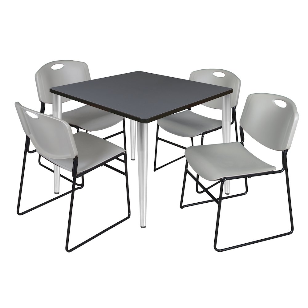 42 in. Square Breakroom Table- Grey Top, Chrome Base & 4 Zeng Stack Chairs- Grey. Picture 1