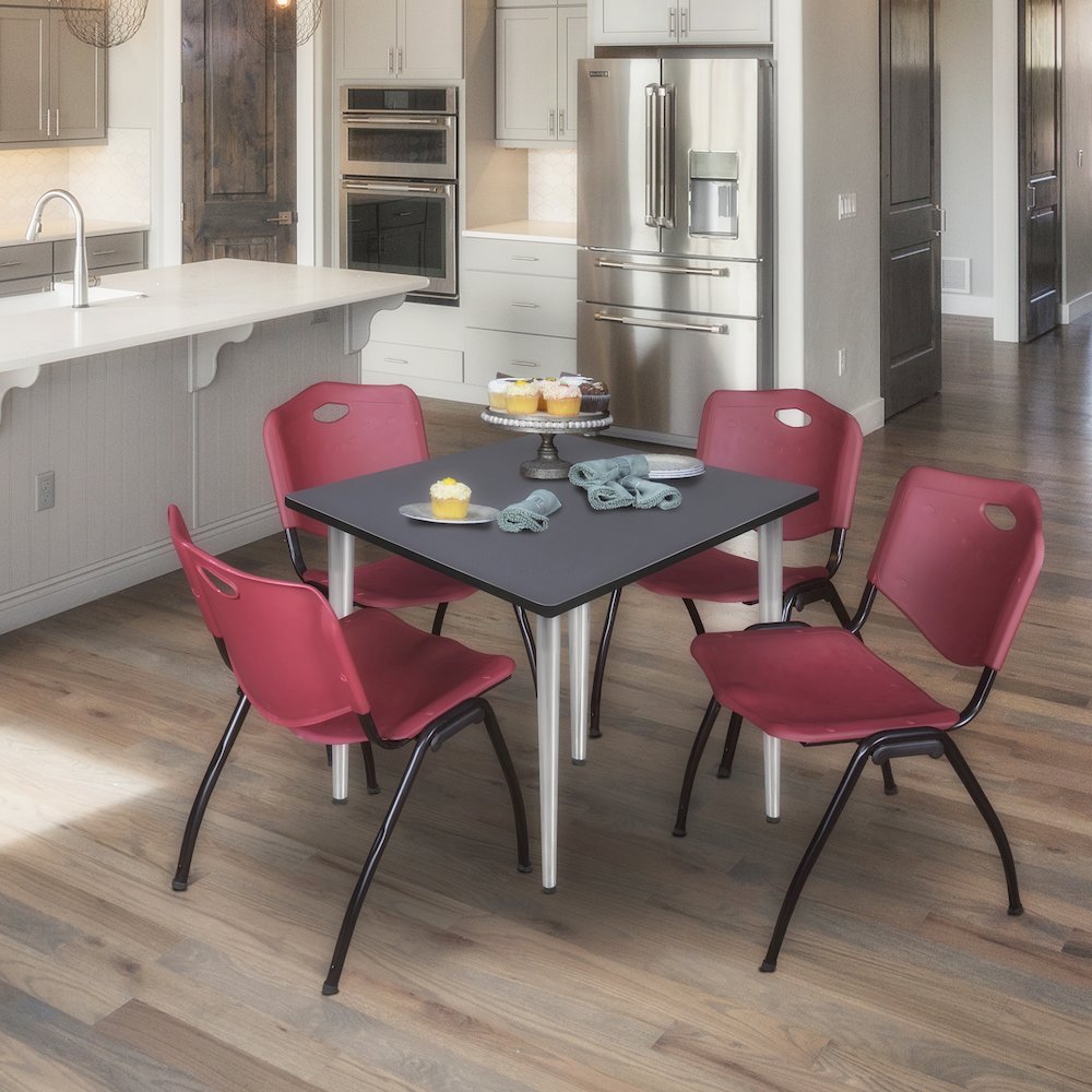 42 Square Breakroom Table- Grey Top, Chrome Base & 4 M Stack Chairs- Burgundy. Picture 9