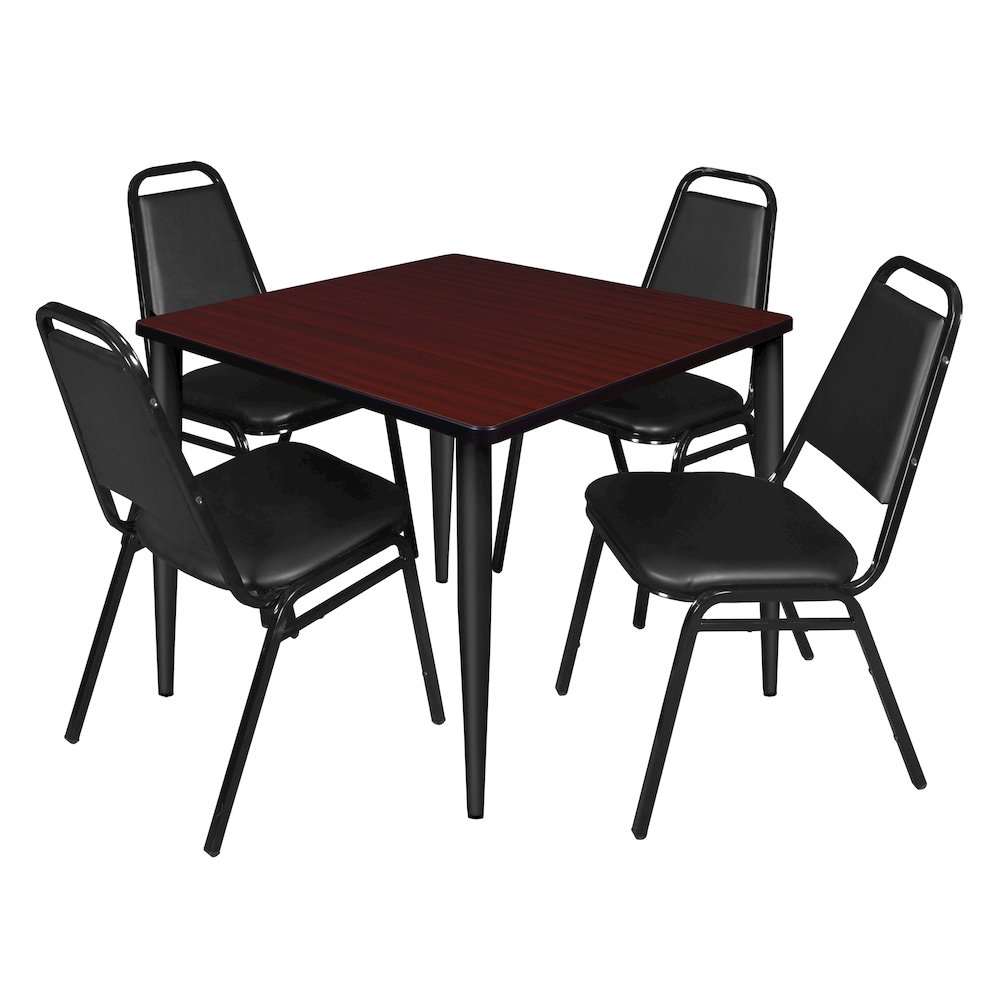 42 Square Breakroom Table- Mahogany Top, Black Base & 4 Stack Chairs- Black. Picture 1