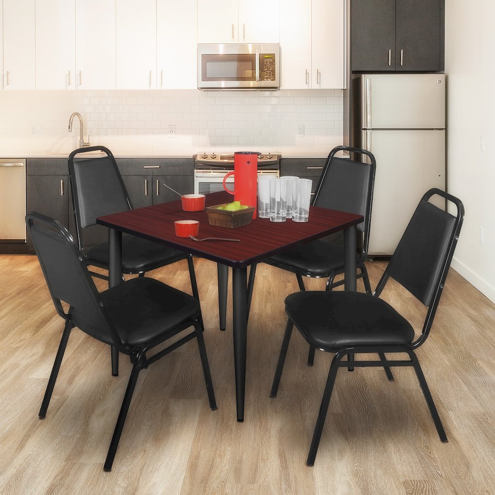 42 Square Breakroom Table- Mahogany Top, Black Base & 4 Stack Chairs- Black. Picture 9