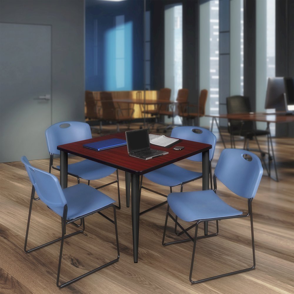 42 Square Breakroom Table- Mahogany Top, Black Base & 4 Zeng Stack Chairs- Blue. Picture 9