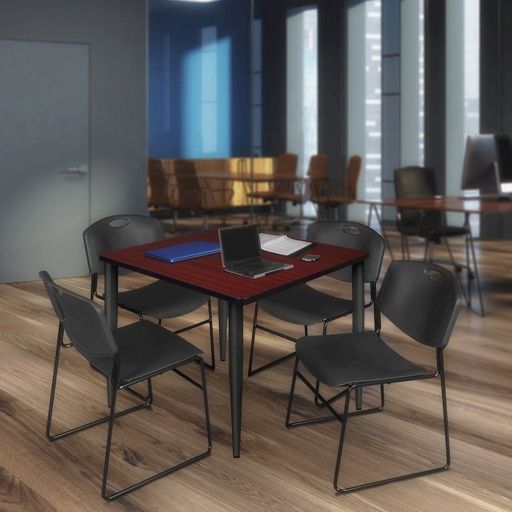 42 Square Breakroom Table- Mahogany Top, Black Base & 4 Zeng Stack Chairs- Black. Picture 9