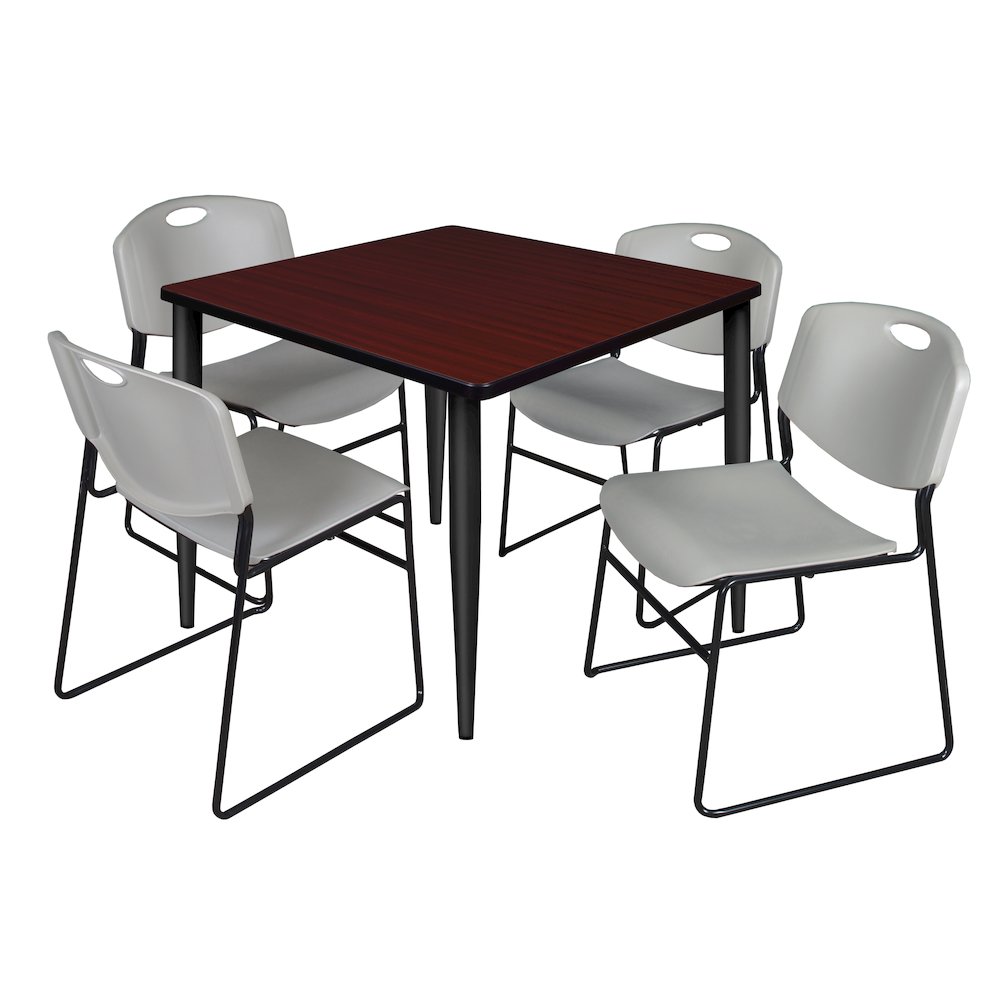 42 Square Breakroom Table- Mahogany Top, Black Base & 4 Zeng Stack Chairs- Grey. Picture 1
