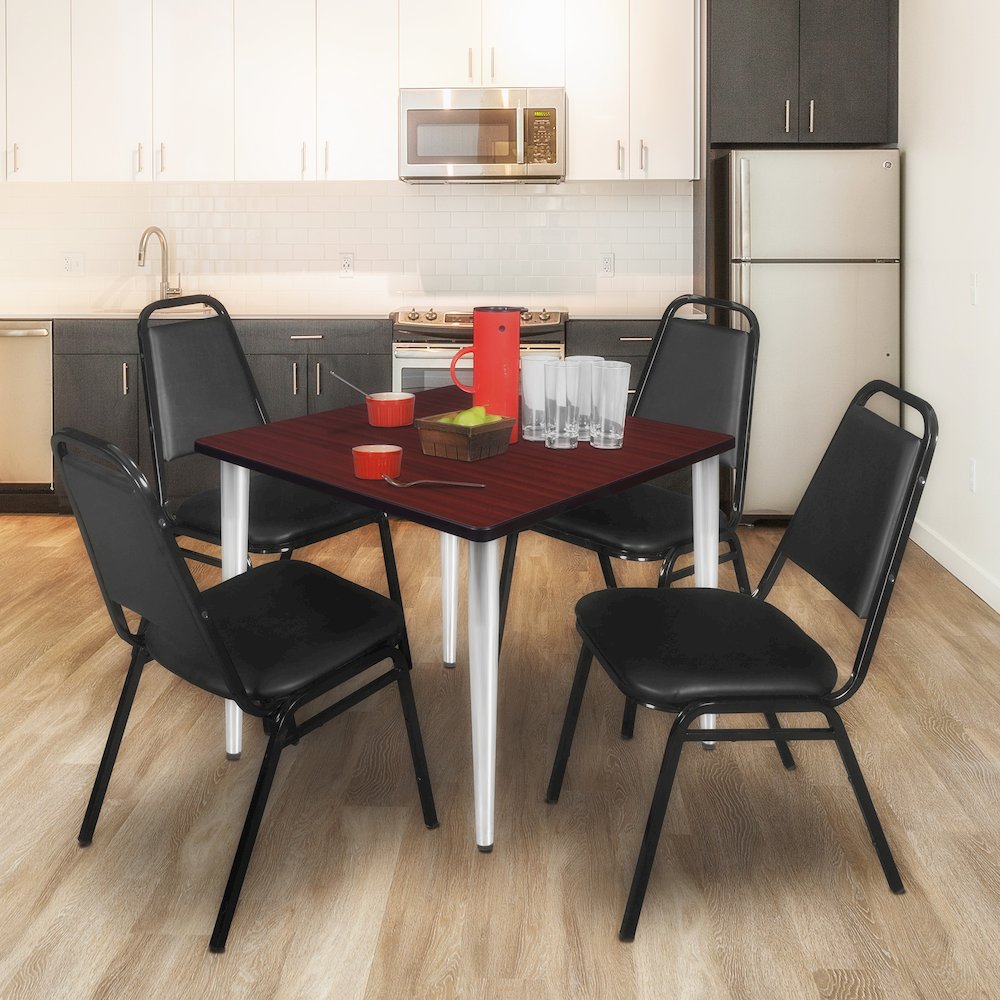 42 Square Breakroom Table- Mahogany Top, Chrome Base & 4 Stack Chairs- Black. Picture 9