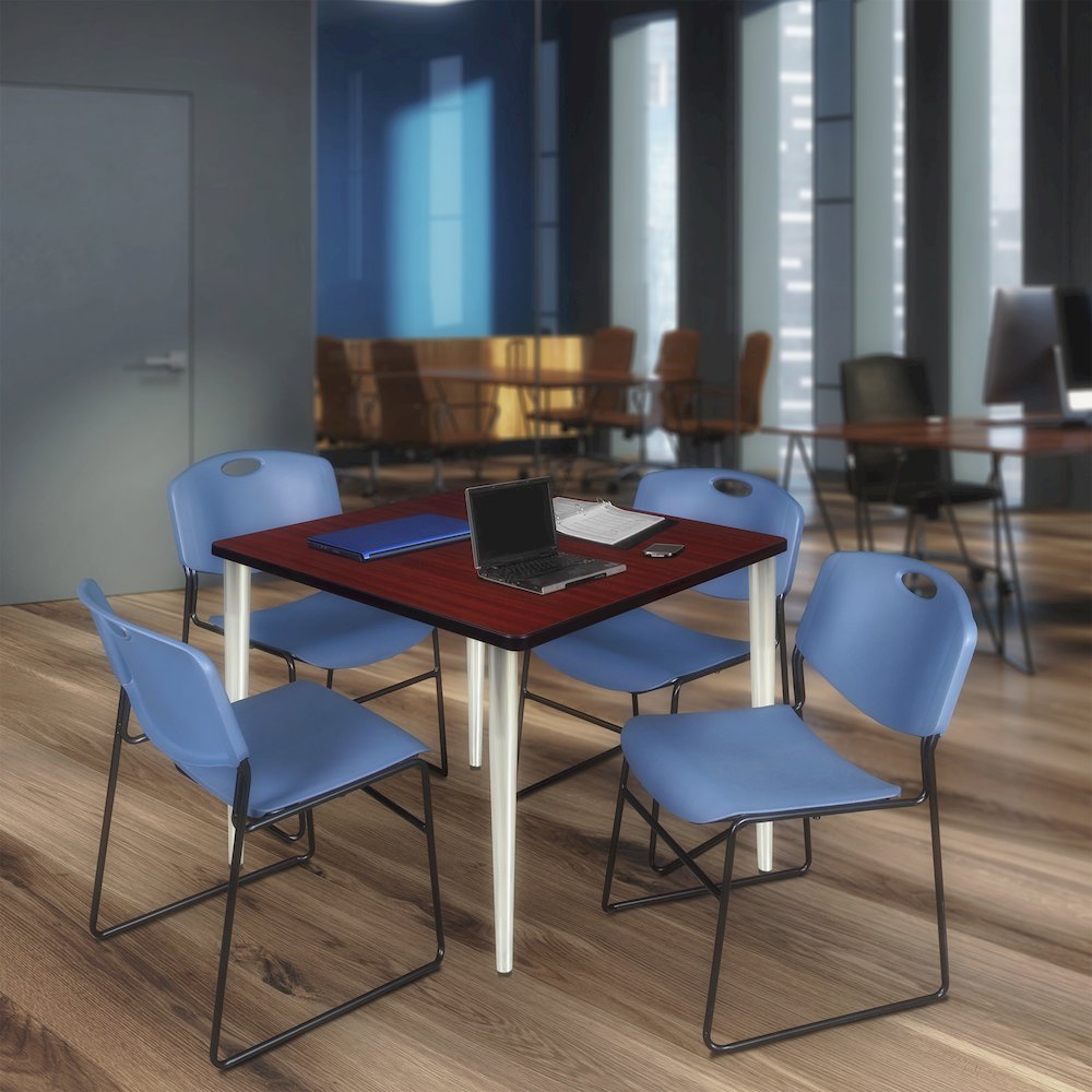 42 Square Breakroom Table- Mahogany Top, Chrome Base & 4 Zeng Stack Chairs- Blue. Picture 9