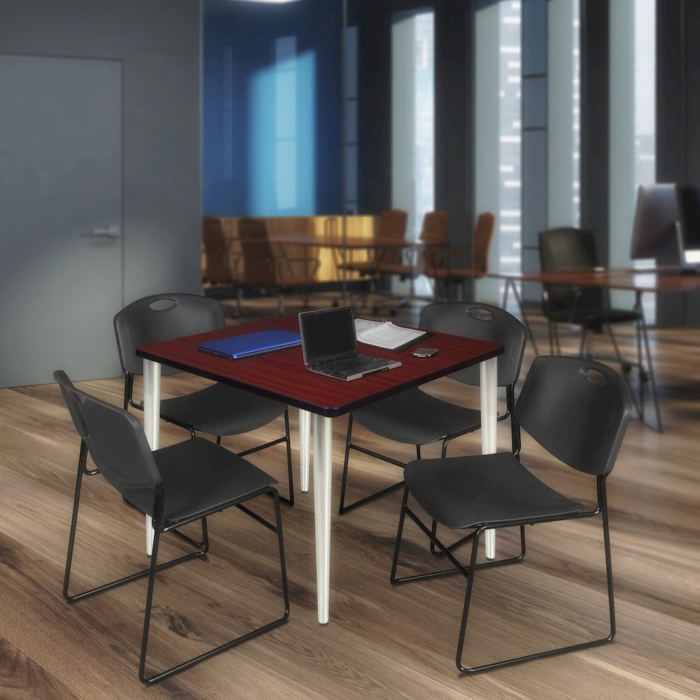 42 Square Breakroom Table- Mahogany Top, Chrome Base & 4 Stack Chairs- Black. Picture 9
