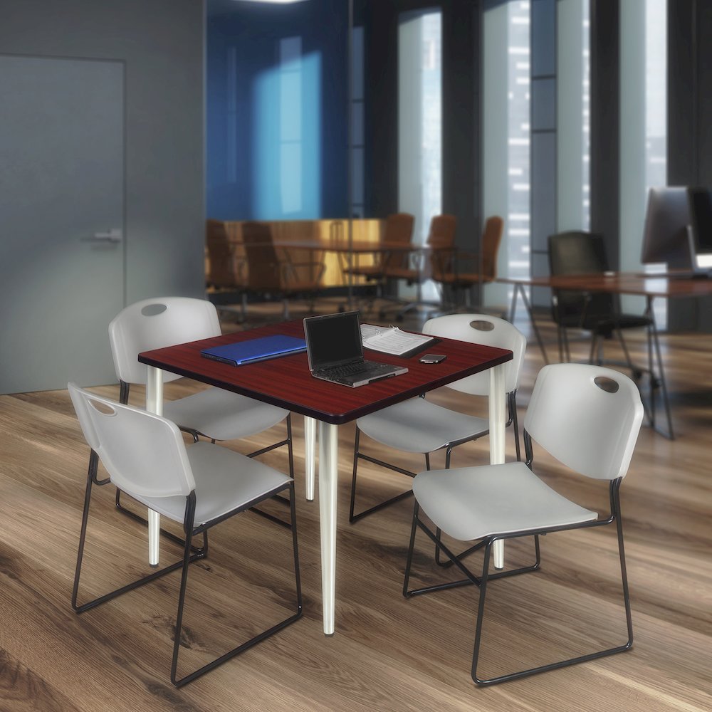 42 Square Breakroom Table- Mahogany Top, Chrome Base & 4 Zeng Stack Chairs- Grey. Picture 9