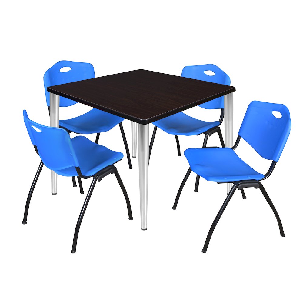 42 Square Breakroom Table- Mahogany Top, Chrome Base & 4 M Stack Chairs- Blue. Picture 1