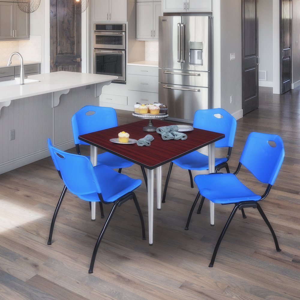 42 Square Breakroom Table- Mahogany Top, Chrome Base & 4 M Stack Chairs- Blue. Picture 9