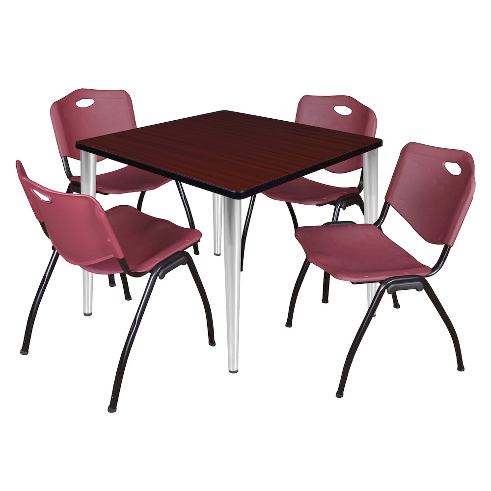 42 Square Breakroom Table- Mahogany Top, Chrome Base, 4 M Stack Chairs- Burgundy. Picture 1