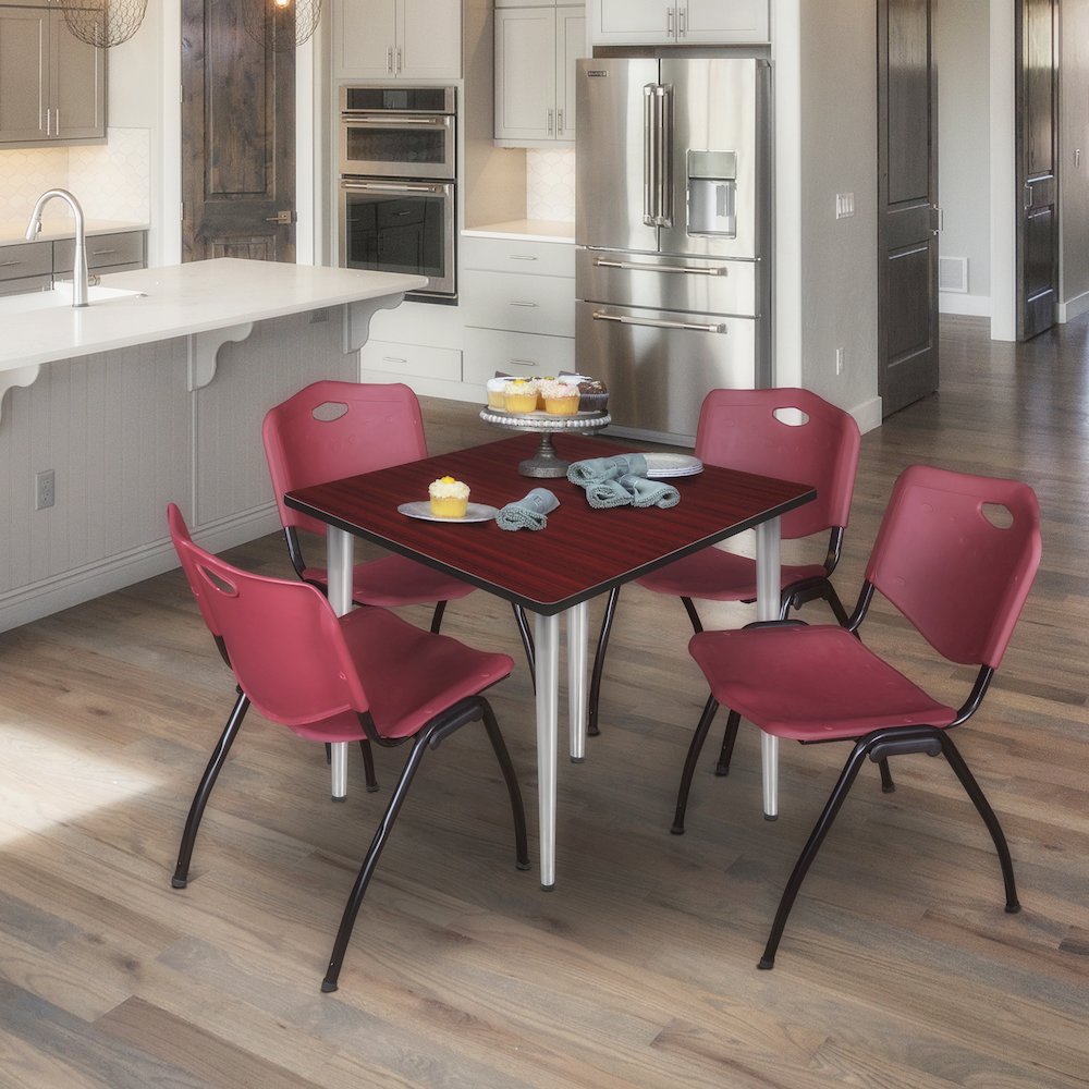 42 Square Breakroom Table- Mahogany Top, Chrome Base, 4 M Stack Chairs- Burgundy. Picture 9