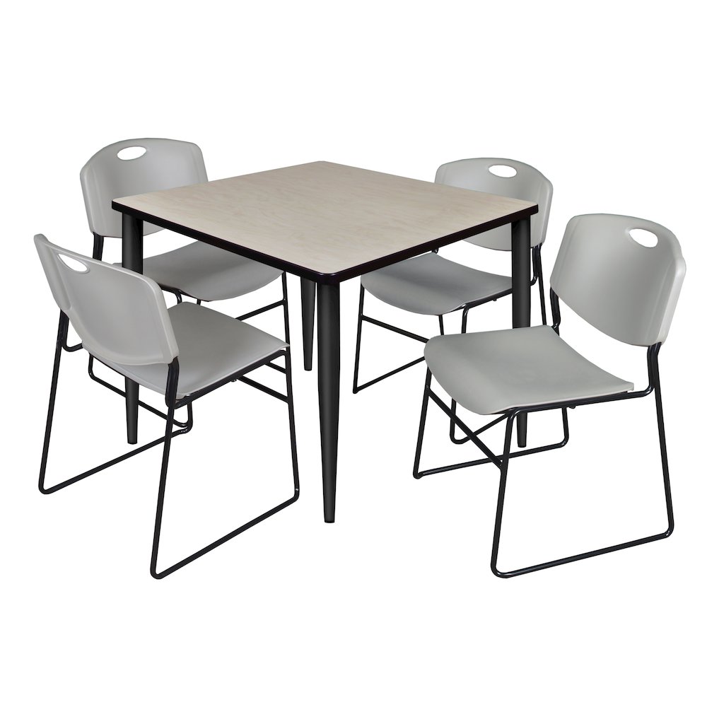 42 in. Square Breakroom Table- Maple Top, Black Base & 4 Zeng Stack Chairs- Grey. Picture 1