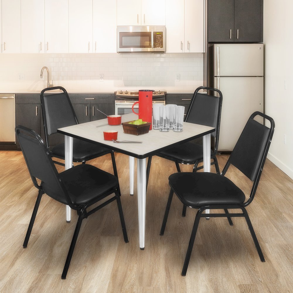 42 Square Breakroom Table- Maple Top, Chrome Base & 4 Stack Chairs- Black. Picture 9