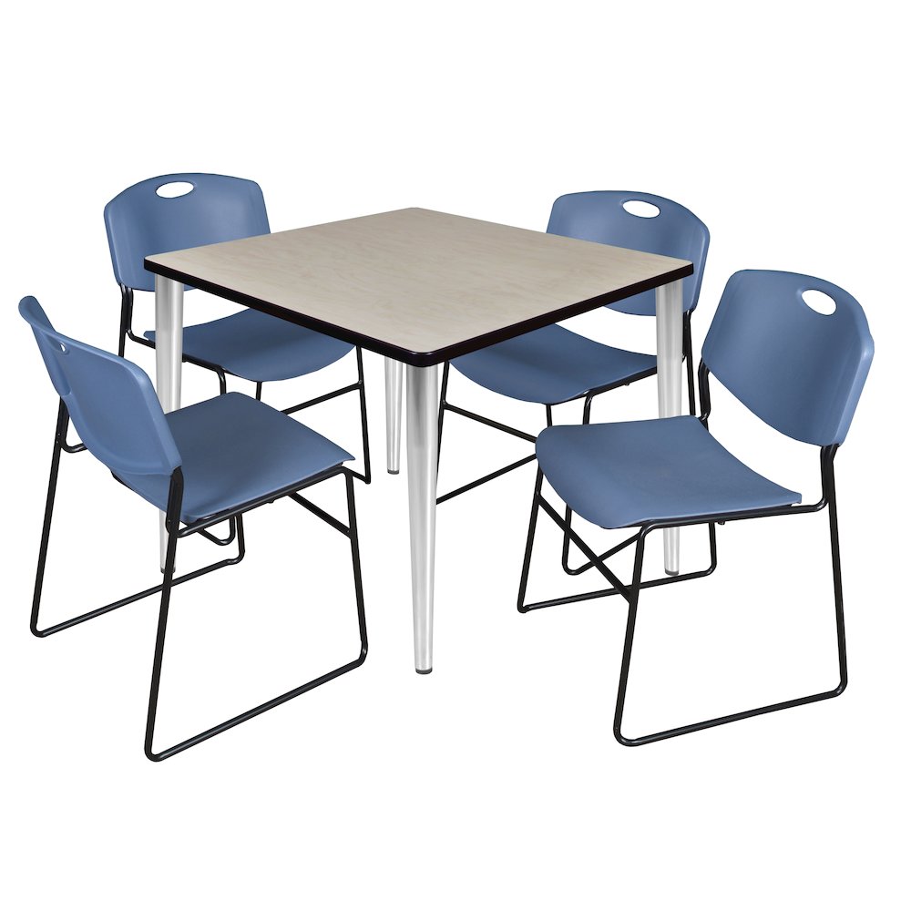 42 Square Breakroom Table- Maple Top, Chrome Base & 4 Zeng Stack Chairs- Blue. Picture 1