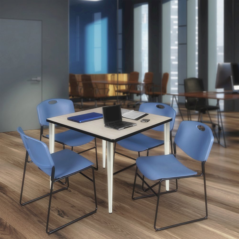 42 Square Breakroom Table- Maple Top, Chrome Base & 4 Zeng Stack Chairs- Blue. Picture 9