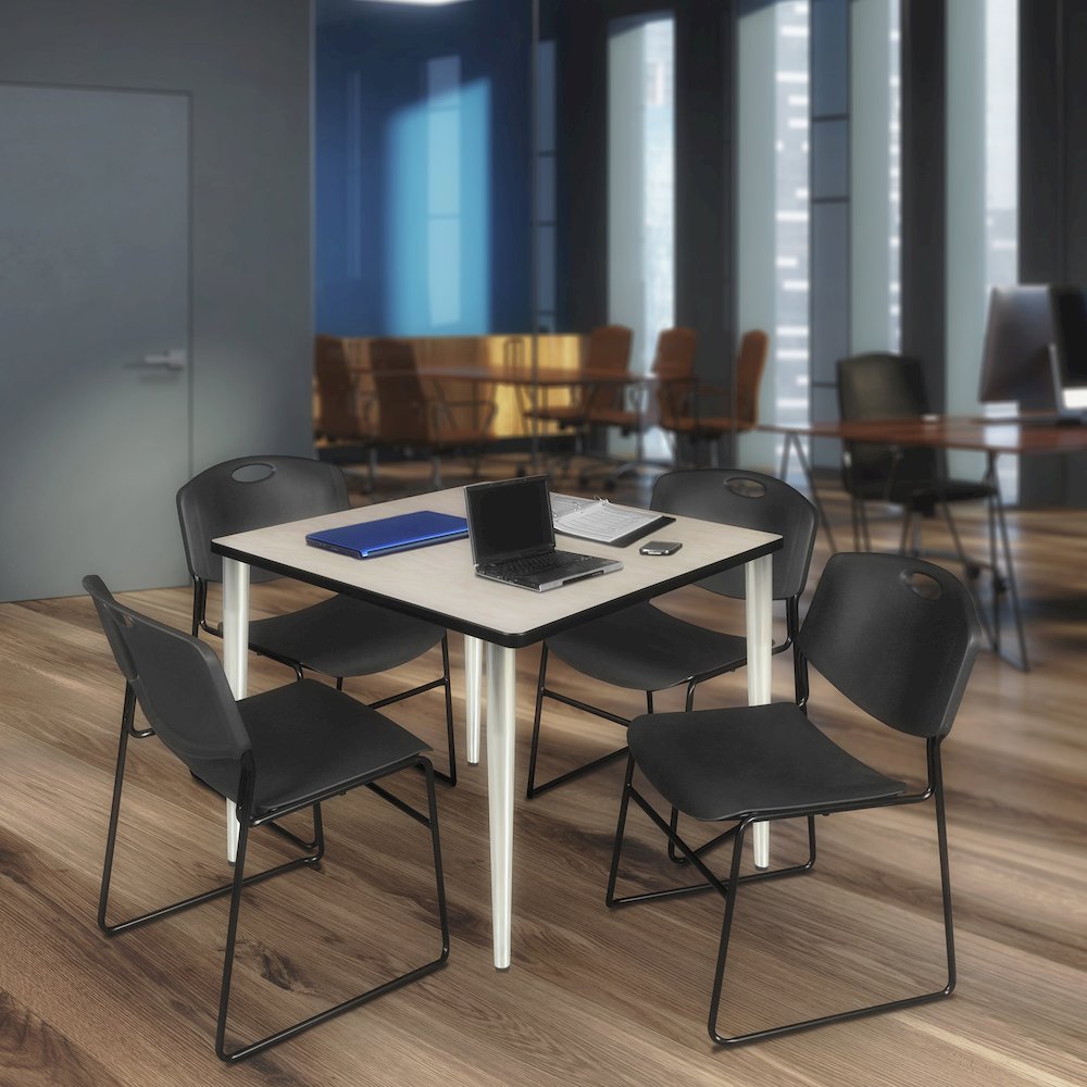 42 Square Breakroom Table- Maple Top, Chrome Base & 4 Zeng Stack Chairs- Black. Picture 9