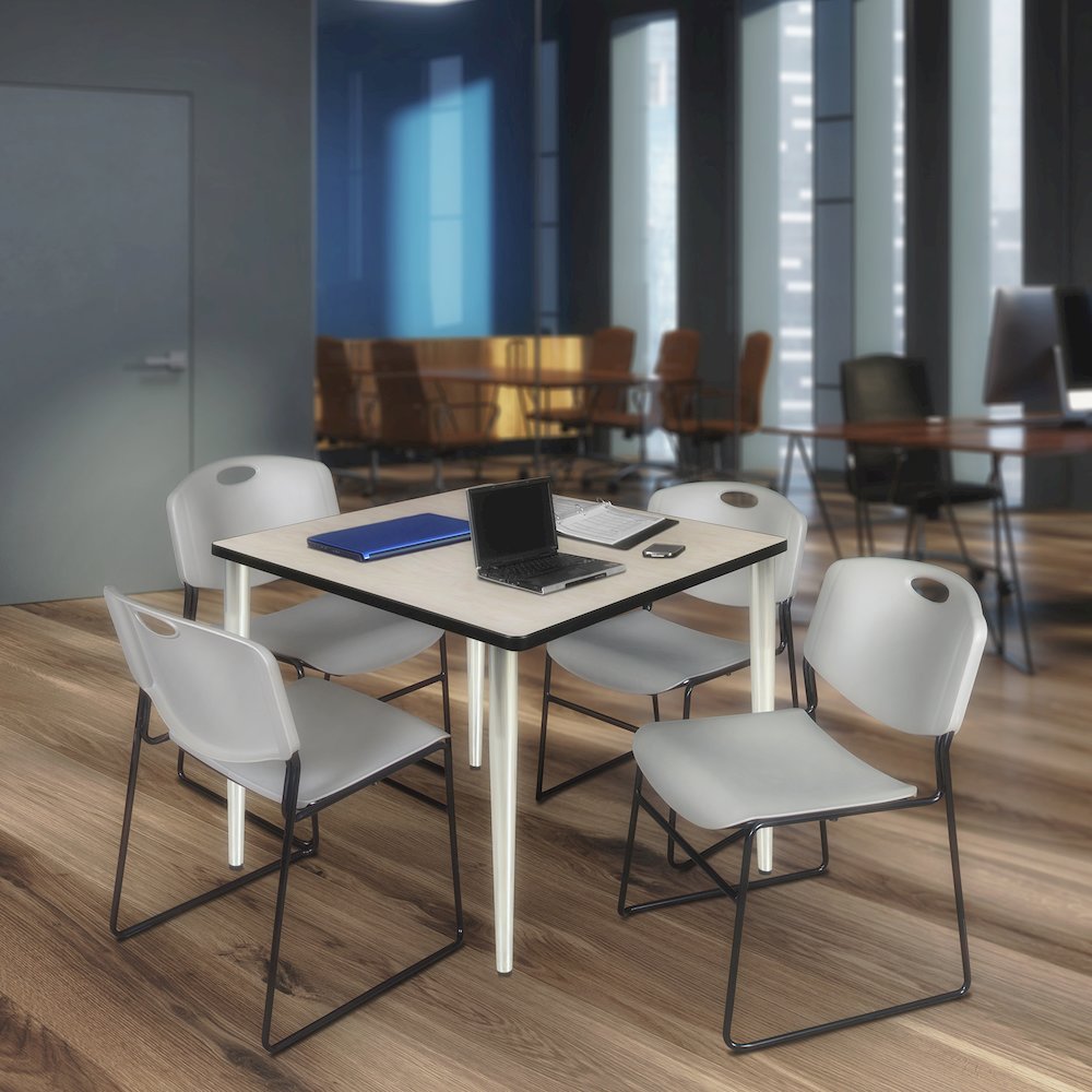 42 Square Breakroom Table- Maple Top, Chrome Base & 4 Zeng Stack Chairs- Grey. Picture 9