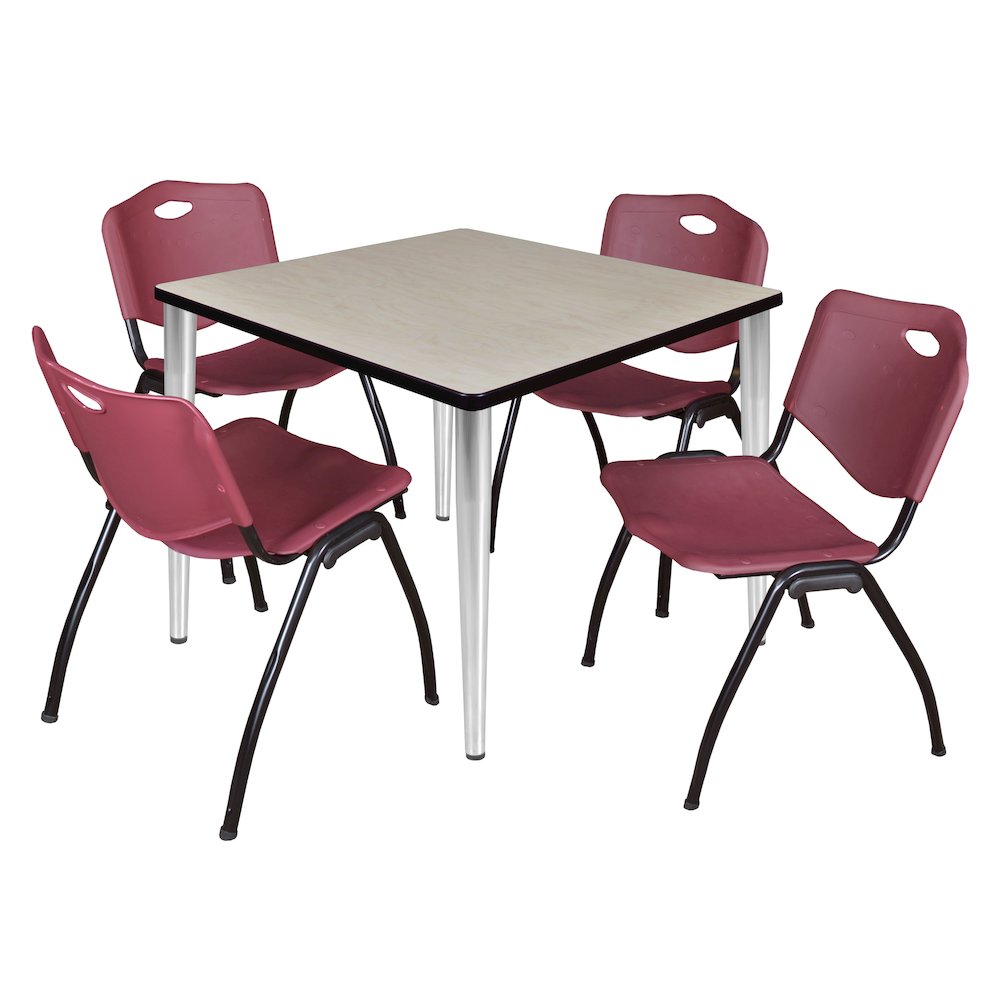 42 Square Breakroom Table- Maple Top, Chrome Base & 4 M Stack Chairs- Burgundy. Picture 1