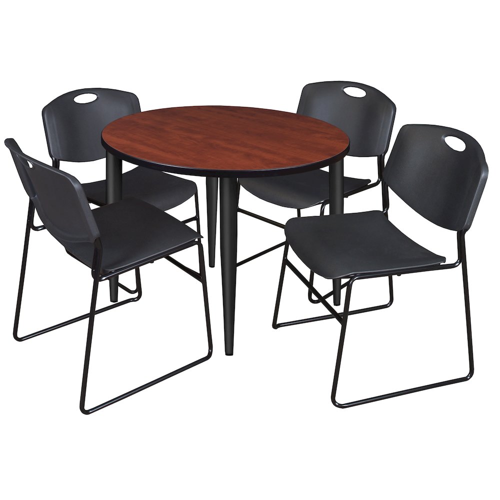 42 Round Breakroom Table- Cherry Top, Black Base & 4 Zeng Stack Chairs- Black. Picture 1